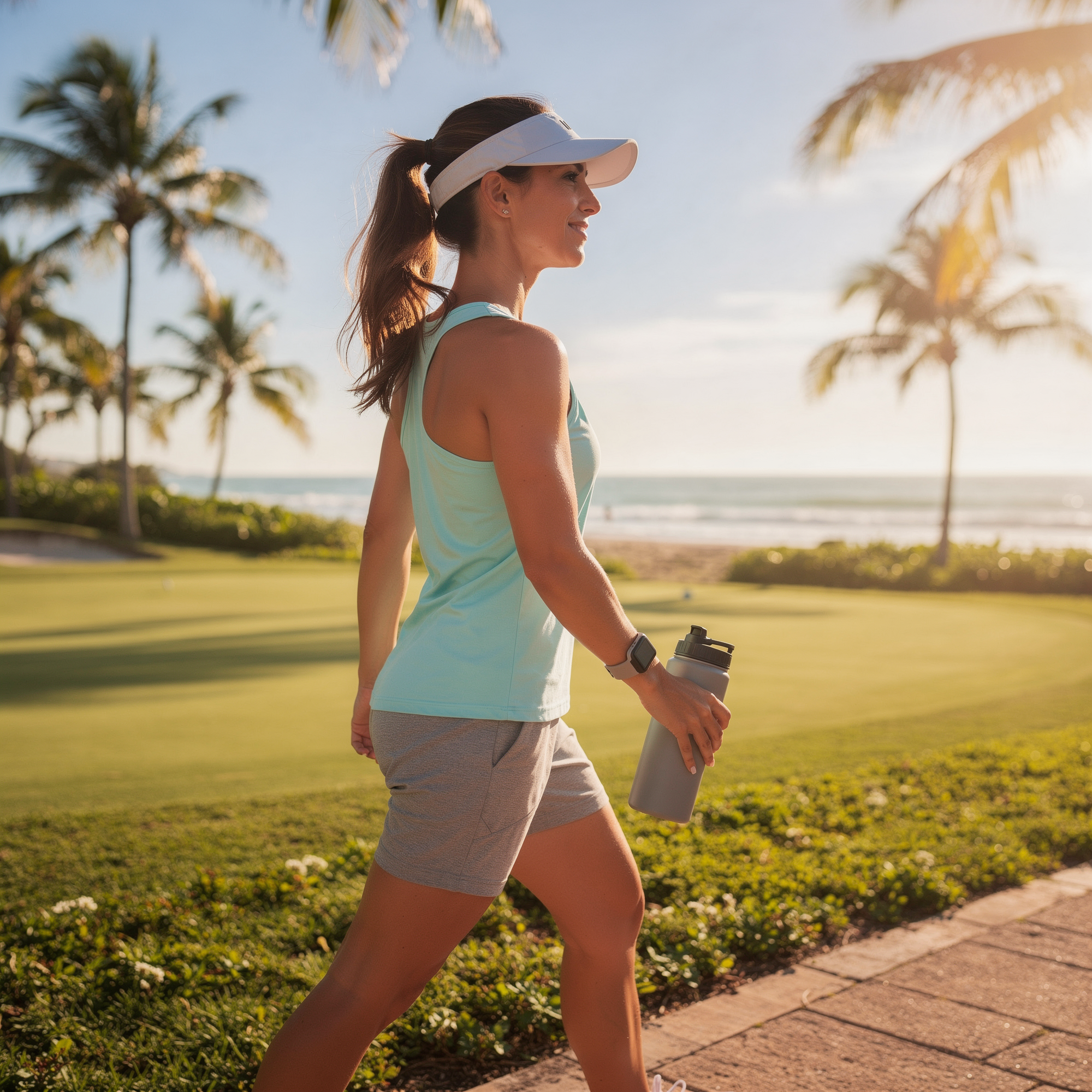 Woman in a visor walking near the beach in Southwest Florida - conditions treated by our urologist for Bonita Springs, FL patients